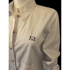 Escada 80s 90s Striped White Cotton Blouse Women Sz 44 Lion Head Buttons Logo